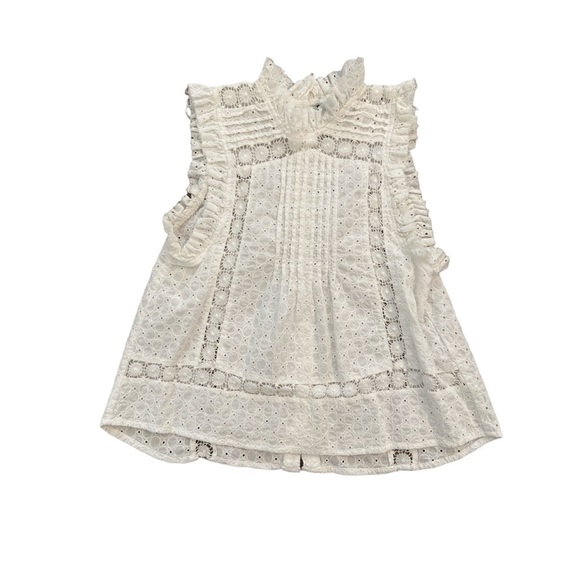 𝅺TOPSHOP Eyelet Off White Frill Neck Top Womens 4 - Picture 1 of 11